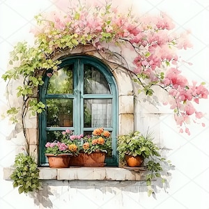 May include: Watercolour painting of a teal arched window with pink and orange flowers in terracotta pots on the windowsill. Green vines and pink flowering branches cascade over the window and white stone wall.