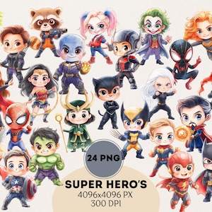 Superhero Kids PNG Bundle, Avengers Clipart, Marvel Avengers, Watercolor Hero, Spiderman Clipart, Hulk clipart