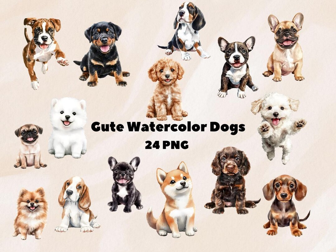 Cute Dog Clipart Bundle 24 PNG, Dog Lover Gift Idea, Watercolor Puppy ...