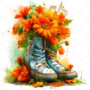 May include: Watercolor painting of white high-top sneakers filled with vibrant orange gerbera daisies and greenery. The sneakers are laced with orange laces and sit in a bed of grass and fallen leaves, creating a cheerful, artistic floral arrangement.