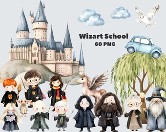 60 PNG Wizard School PNG, Watercolor Wizard Nursery Clipart Bundle, Witchcraft Magic School Png, Kids Wizard Party, Magical Clipart