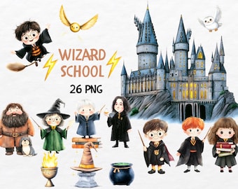 Watercolor wizard school png, Wizard nursery clipart, Witchcraft clipart, Magic school png, Kids wizard party, Magical clipart