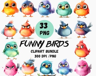 Funny Birds Clipart PNG, Grumpy Quirky Birds Cliart Bundle, Cute Watercolor Bird Png, Crazy Bird Clip Art, Cute Birds Cartoon