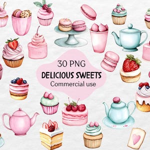 May include: A collection of 30 watercolour illustrations of various sweet treats, including cupcakes, macarons, teapots, and cakes. The illustrations are in shades of pink, blue, and green, and feature details like berries, cherries, and flowers.