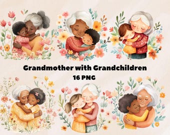Watercolor Grandma Clipart, Mother's Day Png, Grandma Hugging Grand Children, Best Grandma PNG Bundle, Family Love Clipart
