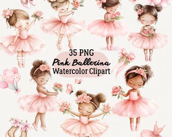 Könnte beinhalten: 35 PNG-Bilder mit Aquarell-Cliparts von rosa Ballerinas mit Blumen und Schmetterlingen. Die Ballerinas tragen rosa Tüllröcke und haben braunes Haar. Einige der Ballerinas tragen rosa Schleifen im Haar. Die Bilder sind perfekt für Scrapbooking, Kartenherstellung und andere Bastelprojekte.