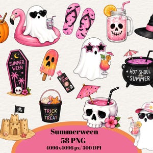 May include: A selection of Summerween-themed illustrations, including a pumpkin, ghost, witch hat, ice cream, coffin, and sandcastle. Text includes "Summerween" and "Hot Ghoul Summer". The image is 4096x4096 pixels.