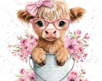 17 Highland Cow With Flowers Clipart, Farm Animal Clipart, Printable Cow, Baby Cow Nursery Art, High Quality JPGs, Junk Journal