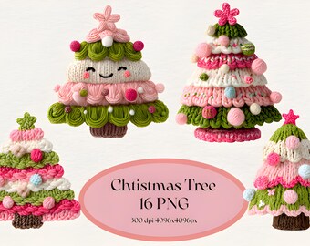 16 Pink Christmas Tree Png, Crochet Christmas Bundle, Festive Tree Art, Faux Embroidery Png, Holiday Tree Png, Illustrations Knitting Png