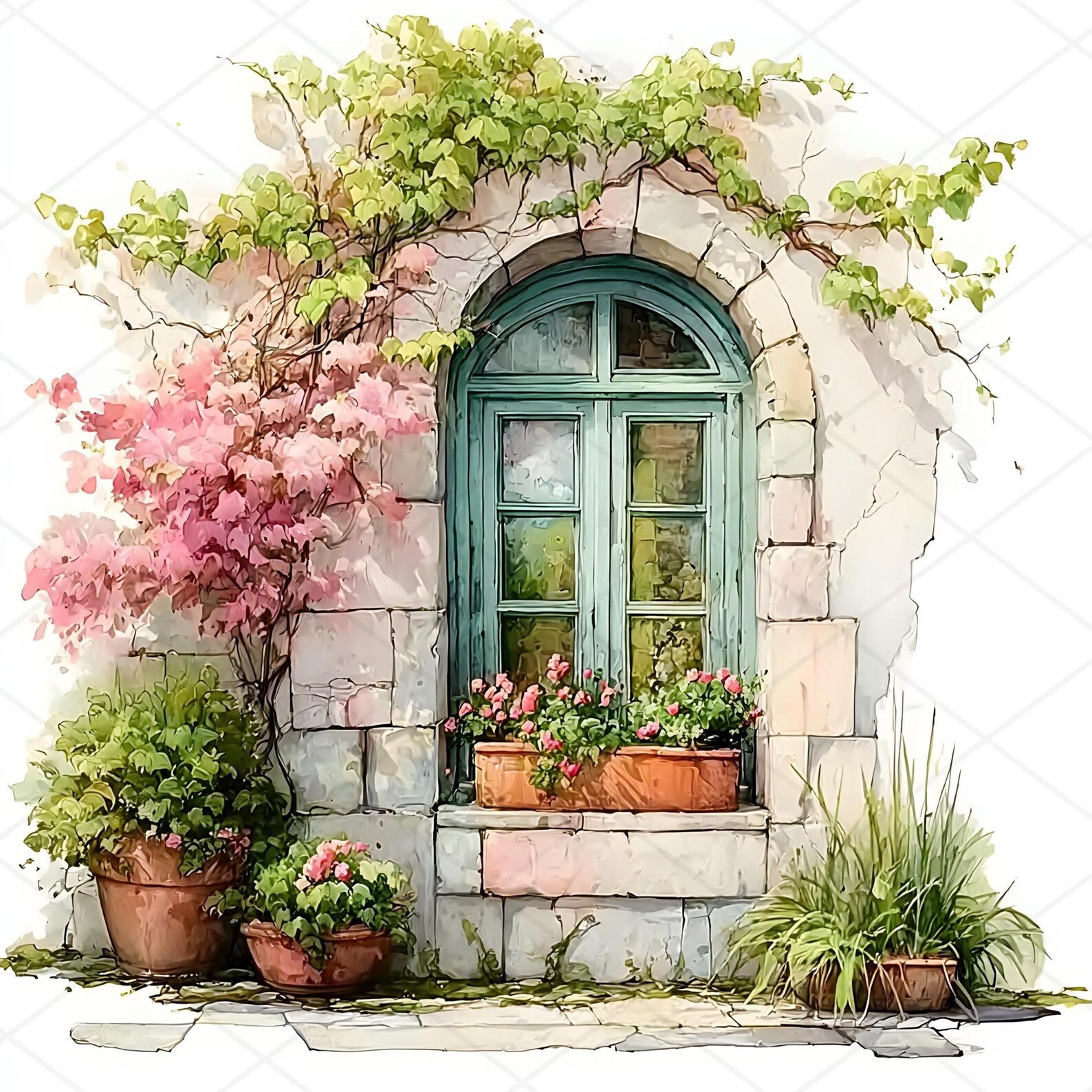 Watercolor Window Spring Background 16 Spring Window Watercolor Clipart, Countryside Landscape, Printable ...
