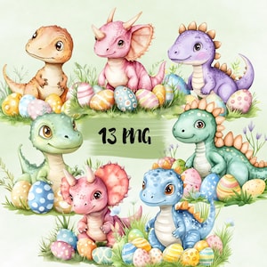 13 PNG Watercolor Easter Baby Dinosaur, Cute Dinosaur Clipart , Cartoon Dinosaur Easter Day Bundle, High Quality Png Easter Egg Clipart