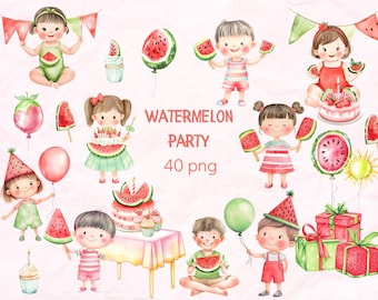 Watermelon Party Clipart Bundle, Summer Birthday PNG for Party Invitations and Baby Shower, Watercolor Kids PNG Set