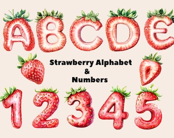 Strawberry Alphabet PNG with Berry Letters and Numbers, Printable Alphabet for Strawberry Birthday, Cottagecore Summer Clipart Set