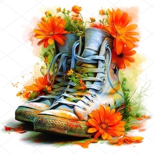 May include: A pair of light blue high-top sneakers adorned with vibrant orange flowers and green foliage. The sneakers have white laces and a black star logo on the side, creating a colorful, artistic floral arrangement.