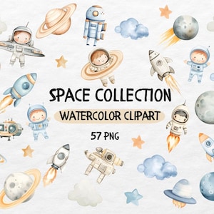 Puede incluir: Un conjunto de clipart de acuarela con temática espacial. El conjunto incluye astronautas, planetas, cohetes, estrellas y nubes. El texto "SPACE COLLECTION WATERCOLOR CLIPART 57 PNG" está incluido en la imagen.