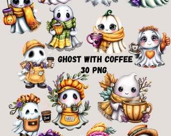 Pacote de imagens PNG de fantasmas kawaii com café, fantasmas amigáveis, imagens assustadoras de Halloween, imagens fofas de Halloween, pacote de imagens PNG para uso comercial.