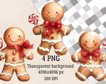 Gingerbread-clipartbundel, kerst-png voor bakken en kinderambachten, aquarelkoekje-clipart met afdrukbare feestdagen