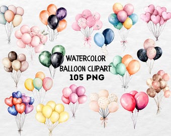 105 imagens PNG de balões em aquarela, incluindo balões festivos, balões de aniversário, imagens para festas e imagens para chá de bebê.