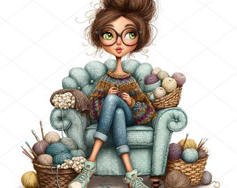 Knitting Girl Clipart, Quirky Girl Clipart, Craft Lover DIY Art, Knitting Bundle, Junk Journal Clipart (16 JPG Digital Download)