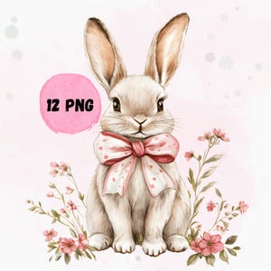 May include: A cute white bunny with pink ears and a pink bow sits in front of a watercolour background of pink flowers.