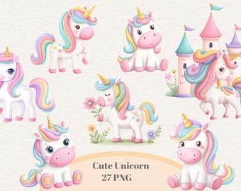 27 PNG Watercolor Unicorn Clipart, Cute Unicorn Png, Pastel Unicorn Clipart Bundle, Rainbow Unicorn Png, Nursery Art, Commercial License