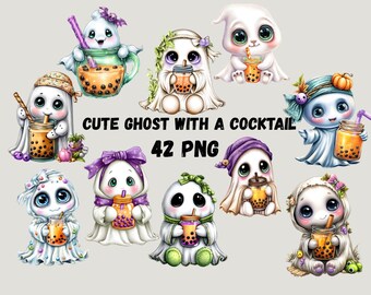 Pacote de imagens PNG de fantasmas kawaii com coquetéis, Fantasma Amigável, Clipart Assustador de Halloween, Clipart Fofo de Halloween, Pacote de PNGs para Uso Comercial