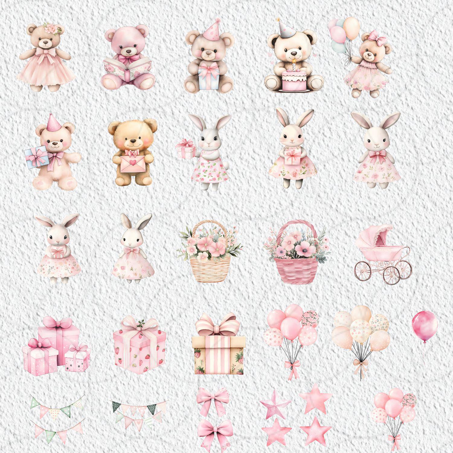 Cute Pastel Birthday Clipart, Watercolor Teddy Bear Clipart Charming ...