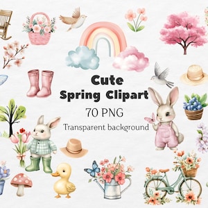 Cute Flowering Spring Clipart, Cozy Spring PNG, Spring Colors Graphics, Hello Spring Clipart, Spring Cottage png, Commercial Use PNG
