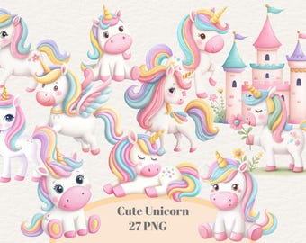 Watercolor Unicorn Clipart, Cute Unicorn Png, Pastel Unicorn Clipart Bundle, Rainbow Unicorn Png, Nursery Art, Commercial License