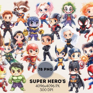 Chibi superhero characters collection for superhero clipart digital design projects