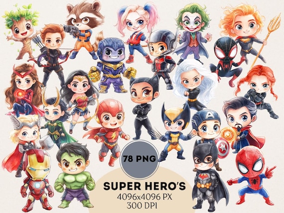 Watercolor Superhero Kids PNG Bundle, Kids Superheroes Avengers Clipart, Marvel Avengers Hero, Flash clipart, Spiderman, Hulk clipart
