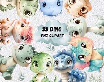 33 imágenes prediseñadas de dinosaurios bebés, dinosaurios en acuarela PNG, lindas imágenes prediseñadas jurásicas, paquete de imágenes prediseñadas de cumpleaños de dinosaurios bebés, dinosaurios de dibujos animados