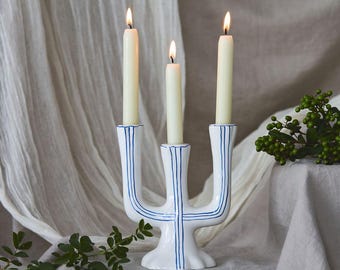 Blue Striped Ceramic Candle Holder, White Clay Glazed Pottery, Easter or Mother's Day Gift, Decorative Clay Candle Stand, Home Decor Gift