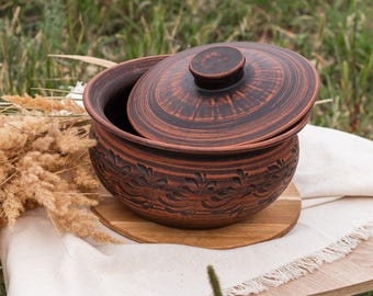 Handmade Unglazed Red Clay Pot with Lid, Lead-Free Terracotta Pot for Cooking&Serving, Traditional Ukrainian Ceramic Dishes, Artisan Pottery