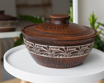 Large Red Clay Bowl with Lid 3.3 L, Deep Ceramic Bowl, Kitchen Storage Bowl, Bread Baking Pot, Artisan Pottery, LEAD-FREE Pot, Kitchenware