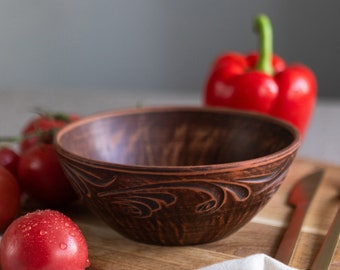 Large Deep Ceramic Serving Bowl 0.8 L, Natural Red Clay Tableware, Ukrainian Rustic Pottery, Artisan Handcrafted Kitchenware, Clay Soup Bowl