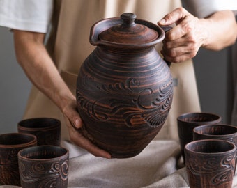 Pitcher wine, Pitcher of red clay,  Stoneware engraved, Clay pot, Clay pot for water, Jug with handle, Unglazed pottery, Terracotta pot