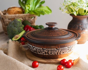 Handmade Clay Stew Pan with Lid, Rustic Unglazed Terracotta Frying Pan, Artisan Cookware, Traditional Folk Ukrainian Dishes, Grandma Gift