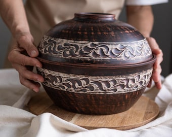 Handmade Red Clay Bread box with Lid, Bread Storage Container, Kitchen Bread Bin, Traditional Rustic Pottery Dishes, Vintage Bread Box