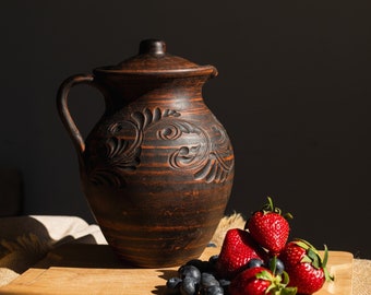 Clay pot for water, Pitcher wine, Pitcher of red clay, Stoneware engraved,Jug with handle, Unglazed pottery, Terracotta pot,Kitchen decor