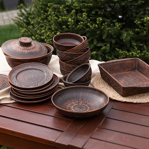 Handmade Terracotta Dinnerware Set – Clay Plates, Bowls, Pot & Baking Dish – Rustic Farmhouse Table Set, Pottery Gift for Family