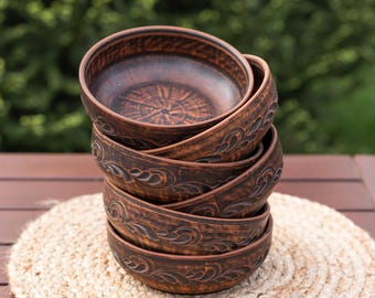 Red Clay Dinnerware Set for 6, Rustic Ceramic Bowls, Handmade Clay Tableware, Earthenware Kitchen Set, Natural Terracotta Cookware Dishes