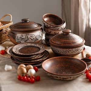 Handmade Red Clay Dinnerware Set for 6, Ukrainian Red Terracotta Pottery with Plates, Bowls & Lidded Pots, Rustic Kitchen Tableware Gift