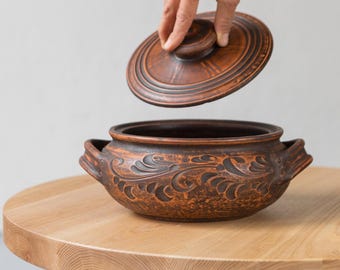 Handmade Rustic Clay Cooking Pot with Lid and Handles, Eco-Friendly Ceramic Casserole Dish, Christian Kitchen Cookware, Housewarming Gift