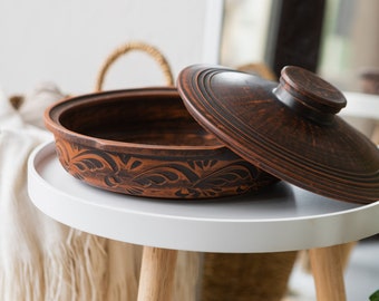 Sartén de barro sin esmaltar con tapa, Kadai de barro, plato de terracota artesanal, utensilios de cocina de cerámica hechos a mano, regalo tradicional ucraniano