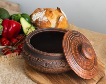 Kleiner Topf aus rotem Ton mit Deckel, umweltfreundliches Keramikgeschirr, Geschenk zum Kochen, rustikales Küchenvorratsglas, Oma Geschenk, neues Haus Geschenk