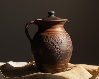 Pitcher of red clay, Pitcher wine, Stoneware engraved, Pitcher earthenware, Clay pot for water, Jug with handle, Unglazed pottery