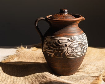 Vintage clay pot, Clay pot for water,  Stoneware engraved, Pitcher wine, Pitcher of red clay,Terracotta pot, Eco friendly, Clay Utensils