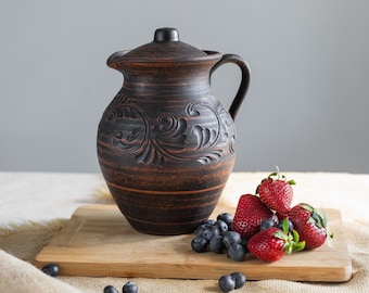 Clay pot for water, Pitcher wine, Pitcher of red clay, Stoneware engraved,Jug with handle, Unglazed pottery, Terracotta pot,Kitchen decor