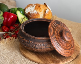 READY TO SHIP, Handmade Red Clay Casserole Pot with Lid, Artisan Pottery Cookware, Traditional Rustic Ceramic Kitchenware, Ukrainian Gift
